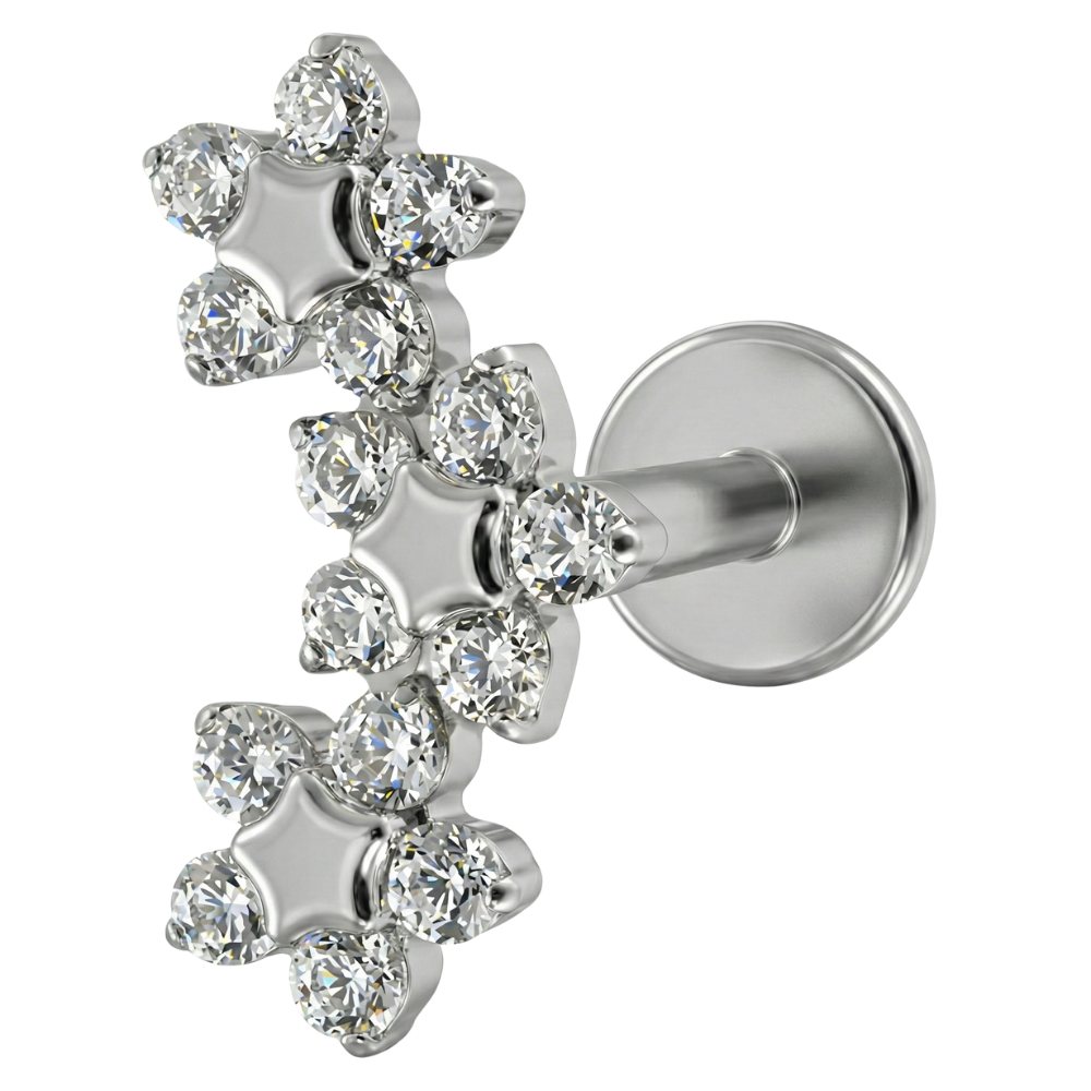Titanium Decorative Labret - Three Flowers with Cubic Zirconias and Stars
