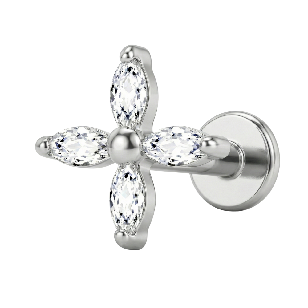 Titanium Decorative Labret - Flower with Cubic Zirconia Leaves