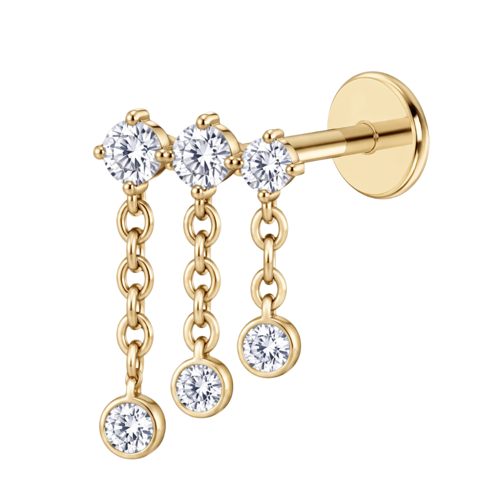 Titanium Labret Earring with a Decorative Row of Hanging Gold Cubic Zirconias