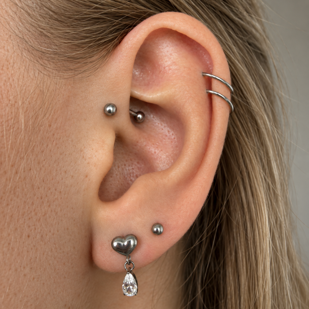 Titanium Labret Decorative Heart with Hanging Cubic Zirconia Ear