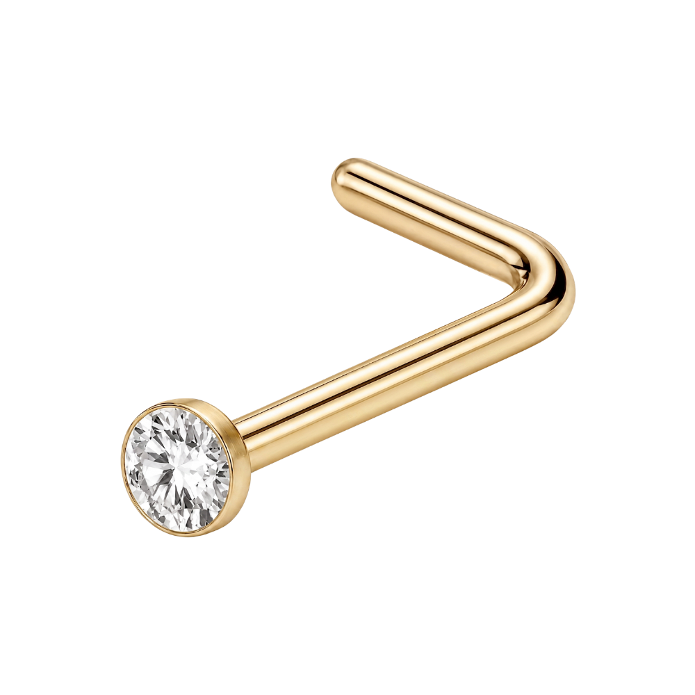 Gebogen titanium neusring, platte zirkonia, goud
